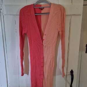STAUD Shoko LG Ribbed Cardigan Maxi Dress in Pink and Peach